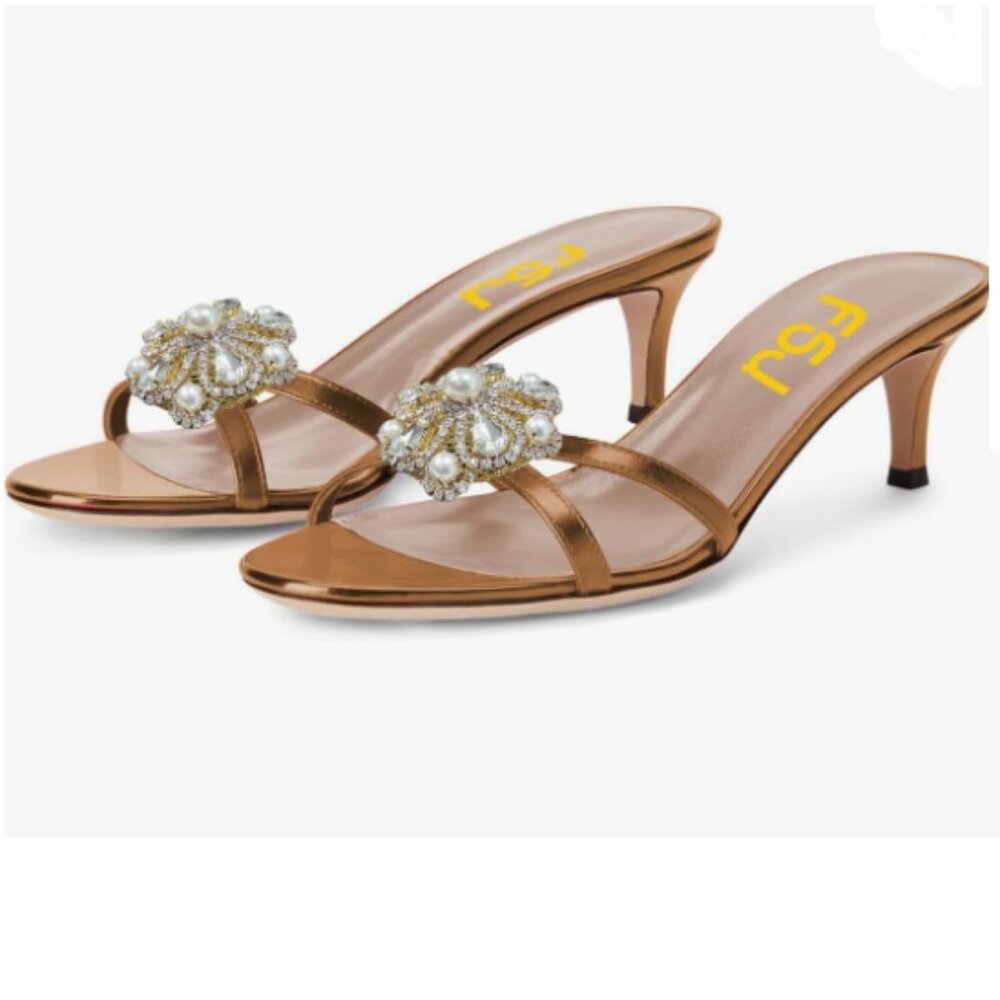FSJ Brown Kitten Heels Sandals Mules Open Toe Slip On Floral Rhinestones Slipper